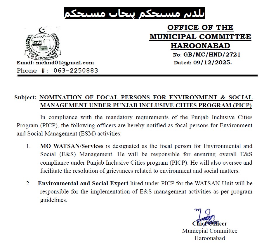 Nomination of Focal Persons for E&SM  